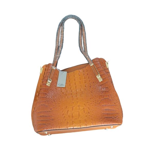 FAUX CROC SATCHEL WITH LONG CROSSBODY STRAP - Picture 2 of 9